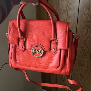 Michael Kors Coral-Red Leather Satchel with Gold MK Emblem